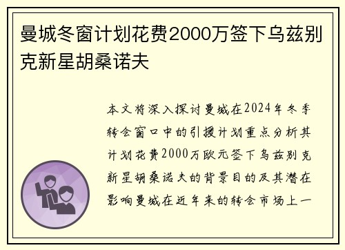 曼城冬窗计划花费2000万签下乌兹别克新星胡桑诺夫
