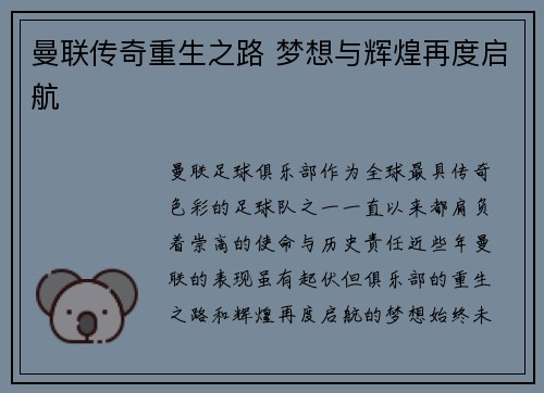 曼联传奇重生之路 梦想与辉煌再度启航