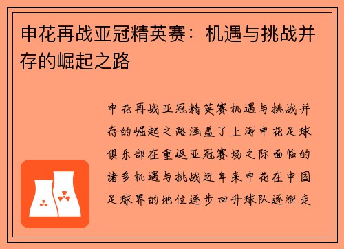 申花再战亚冠精英赛：机遇与挑战并存的崛起之路
