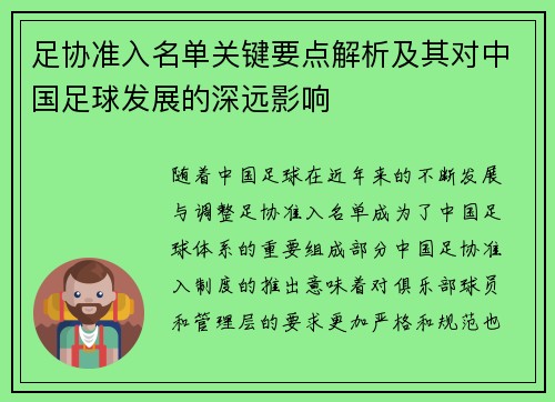足协准入名单关键要点解析及其对中国足球发展的深远影响 足协准入名单关键要点解析及其对中国足球发展的深远影响